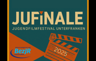 Kinoplakat im Retrostil mit dem Datum 25. Oktober als Festivaldatum. Hinweis auf die Webseite www.bkjff.de/unterfranken.